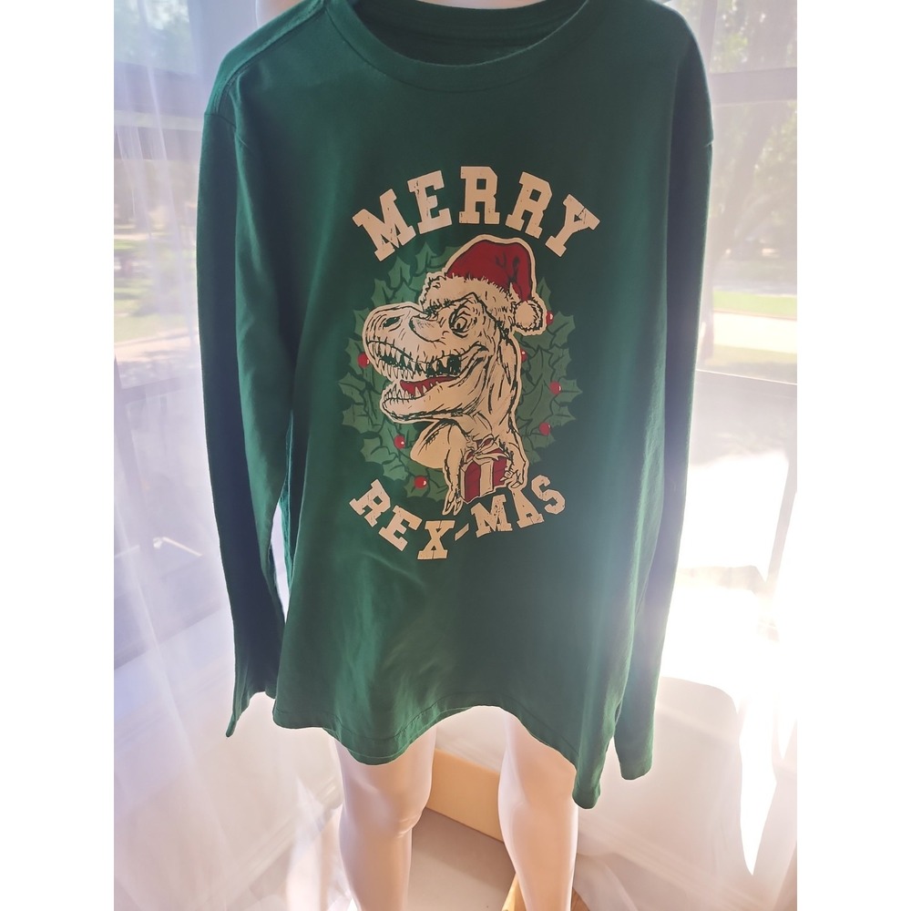 Holiday Time Shirt Boys L 10-12 Green Excellent Merry Rex-Mas Graphic Vietnam